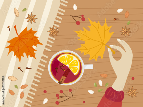 Cozy romantic concept with hot drink, girl hand, Autumn decorations, red leaves. Cute Autumn flat Vector illustration in flat style for Fall mood poster, postcard, flyer template