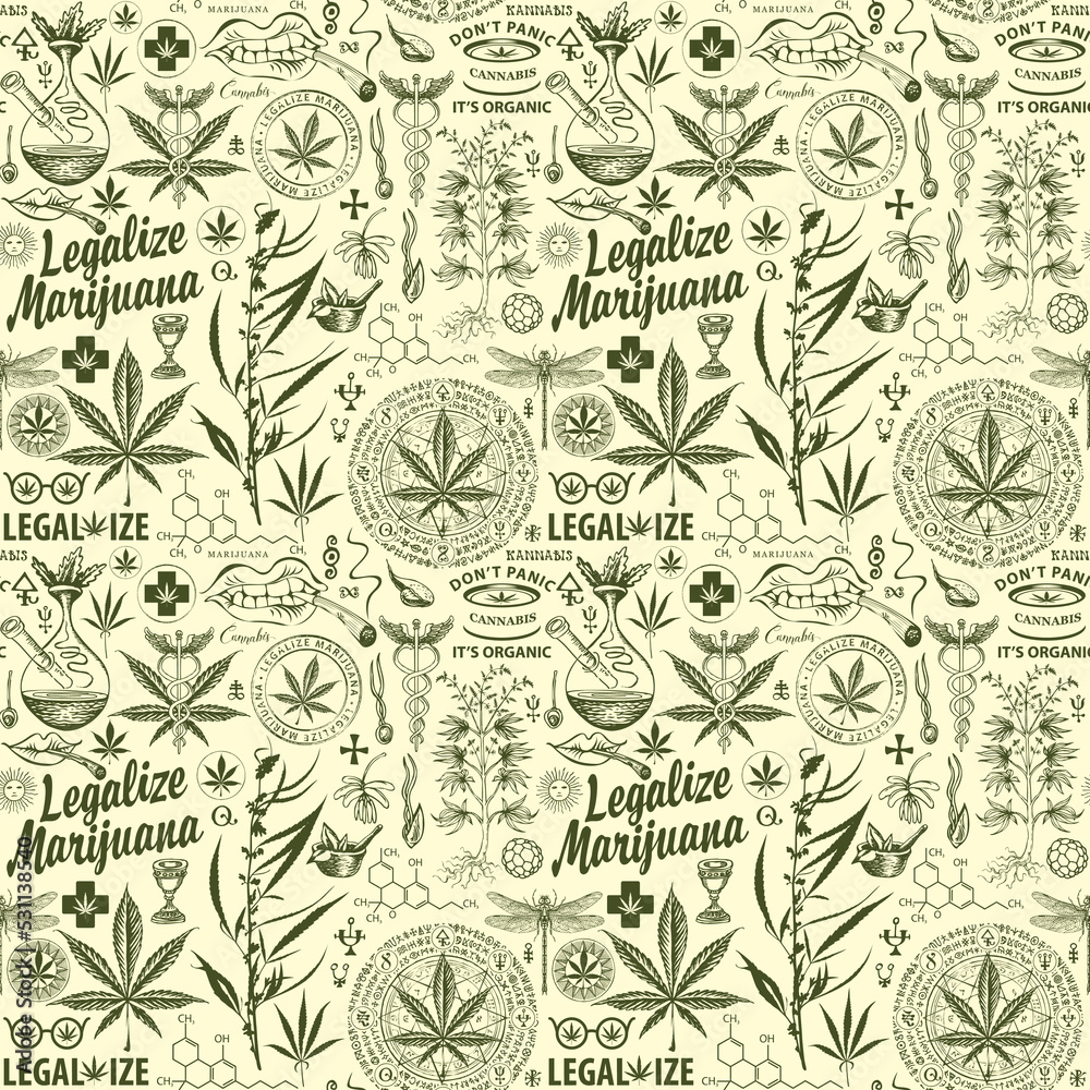 Vector seamless pattern in retro style on the theme of legalize marijuana. Monochrome repeatable background with hemp leaves, cannabis plants, other sketches and inscriptions on green backdrop