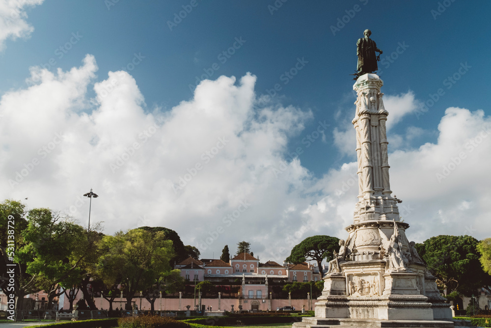 Lisbon, Portugal. April 11, 2022: Praça Afonso de Albuquerque and blue sky.