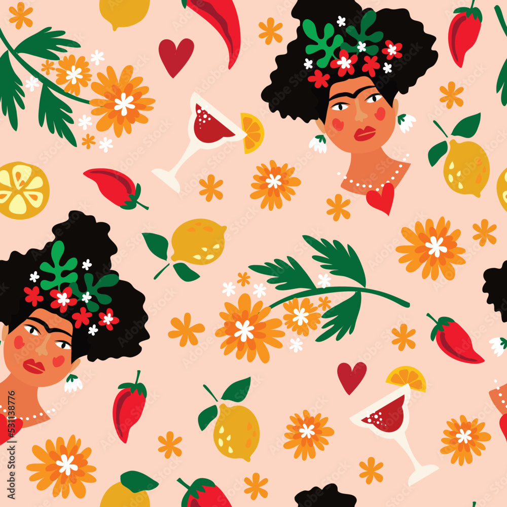 Mexican girl doodle seamless cute pattern Funny cartoon characters ...