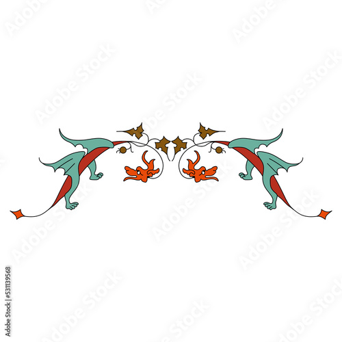 Symmetrical animal design with two fantastic winged dragons and floral motifs. Medieval illuminated manuscript style. Isolated vector illustration.