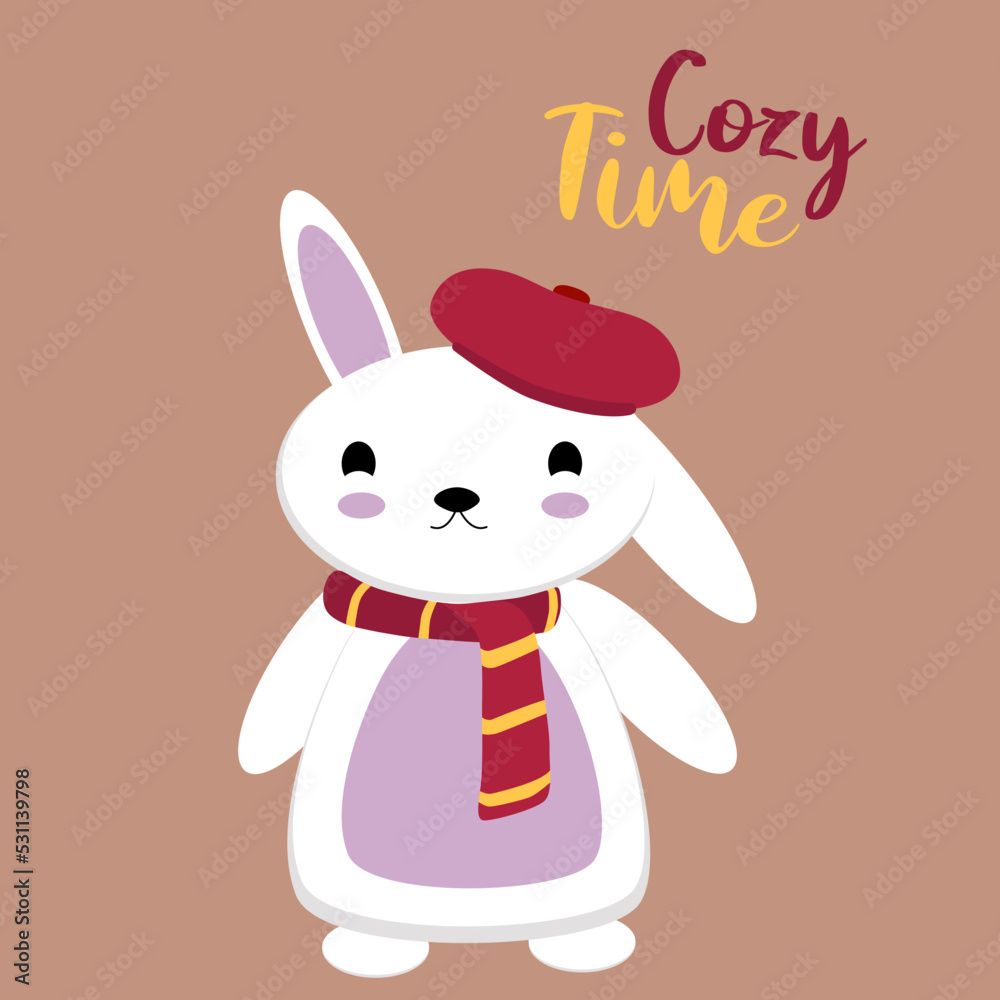 Obraz premium Cozy Time greeting card with a cute flat design Bunny with a Scarf and Beret. Ideal for posters, postcards, invitations, and banners.