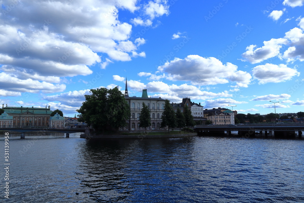 Stockholm, Sweden. 07-28-2022. Central part of the the Swedish city. Lake or water with old buildings. Summer day.