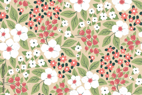 Seamless pattern, delicate floral print with decorative art spring meadow. Abstract composition of hand drawn wild plants: large and small flowers, leaves on a light background. Vector illustration.