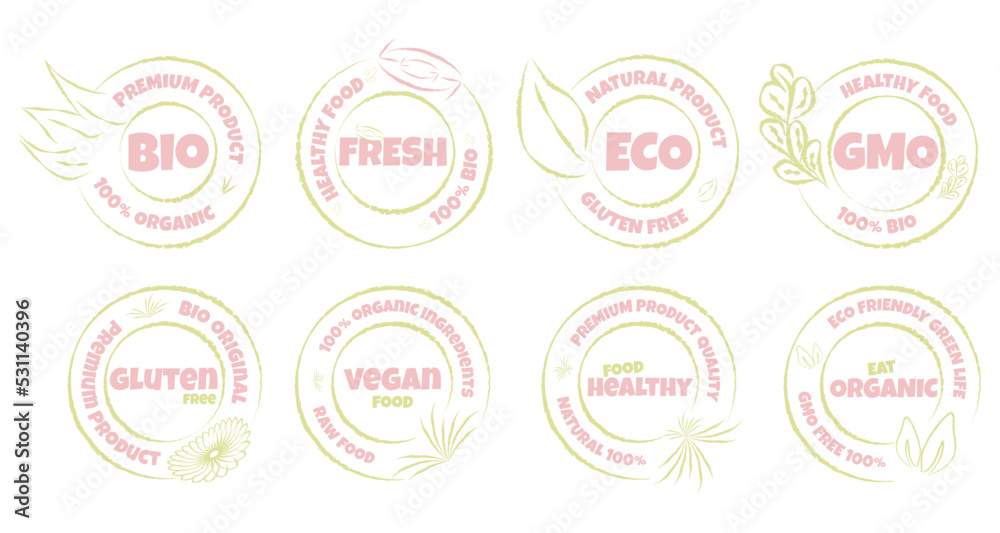 Eco, bio, organic and natural products sticker, label, badge and logo. Ecology icon. Logo template with green leaves for organic and eco friendly products. Eco, bio, organic and natural products sticker, label, badge and logo. Ecology icon. Logo template with green leaves for organic and eco friendly products.