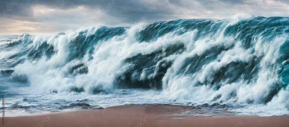 Tsunami waves breaking on a beach, ocean flood disaster concept, 3d render Tsunami waves breaking on a beach, ocean flood disaster concept, 3d render