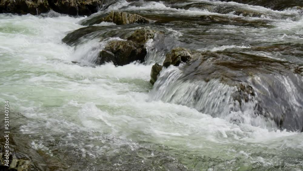 Powerful Water Flowing over Rocks in Mountain River Powerful Water Flowing over Rocks in Mountain River