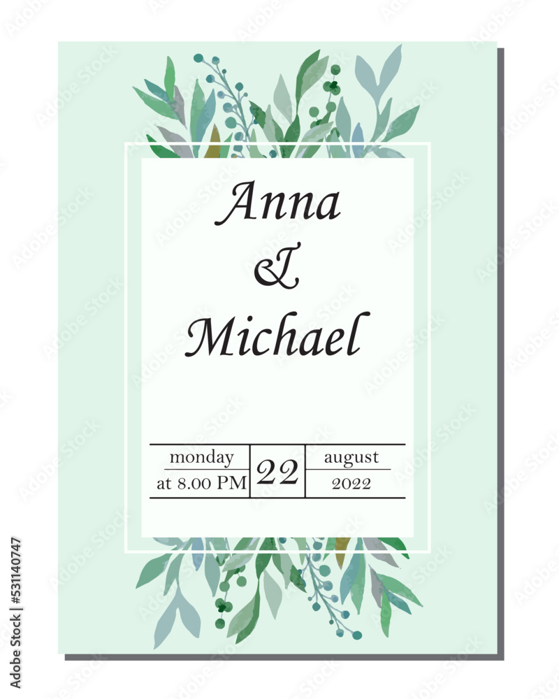 Watercolor vector illustration, hand drawn card, invitation with botanical green leaves
