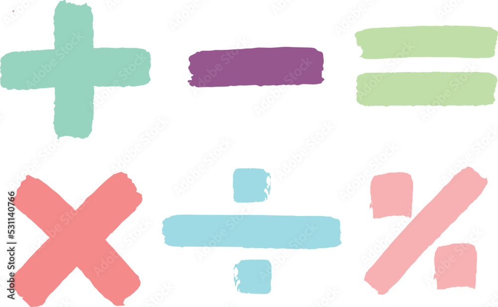 Vector. Colección Símbolos matemáticos multicolor. Ilustración infantil colorida sobre operaciones matemáticas, suma, resta, multiplicación, división, porcentaje.