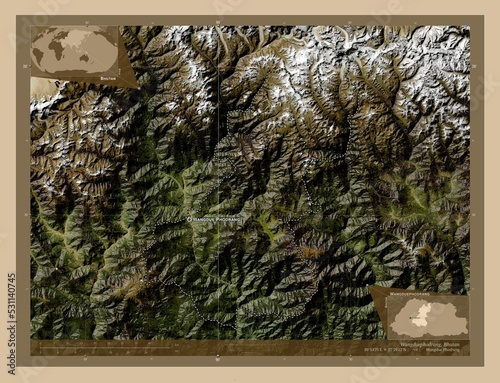 Wangduephodrang, Bhutan. Low-res satellite. Labelled points of cities photo