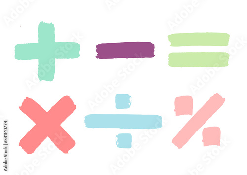 Colección Símbolos matemáticos multicolor. Ilustración infantil colorida sobre operaciones matemáticas, suma, resta, multiplicación, división, porcentaje.