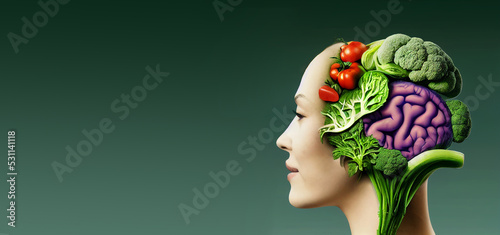 Illustration of a brain made from vegetables like broccoli, cabbage and leek, healthy food and lifestyle, vegan nourishment
