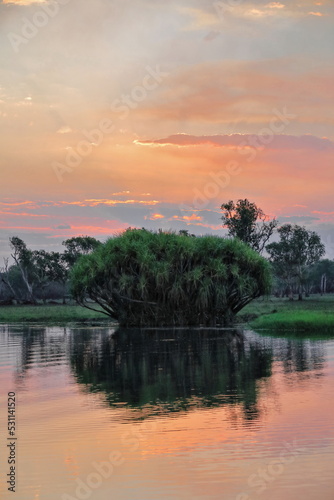 Red sundown over Yellow Water-Nugurrungurrudjba Billabong with pandanus tree. Kakadu-Australia-171