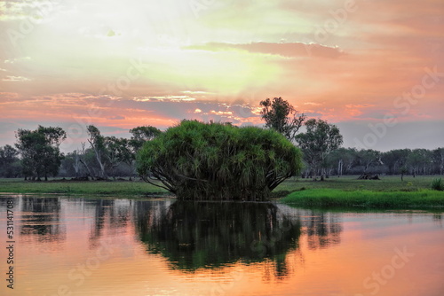 Red sundown over Yellow Water-Nugurrungurrudjba Billabong with pandanus tree. Kakadu-Australia-170