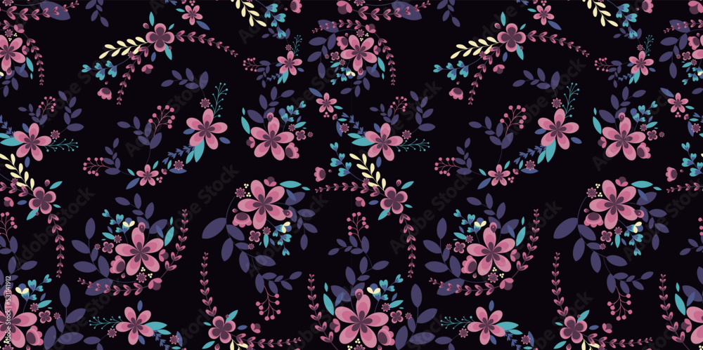 The cute pattern in flowers. Colorful. Black background. The elegant template for fashion paints. Seamless hand draw. Vector 