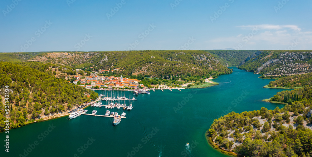 Aerial view about Skradin, a small town in the Sibenik-Knin County of Croatia. It is located near the Krka river and at the entrance to the Krka National Park