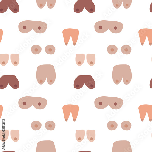 Different doodle multicultural woman breast vector seamless pattern. Hand drawn woman breast pattern