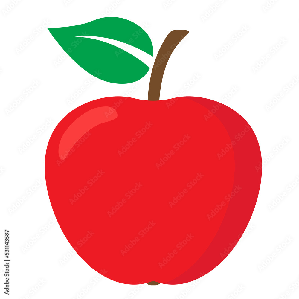 Fototapeta premium Red apple with leaf isolated on white background. Flat design vector illustration.