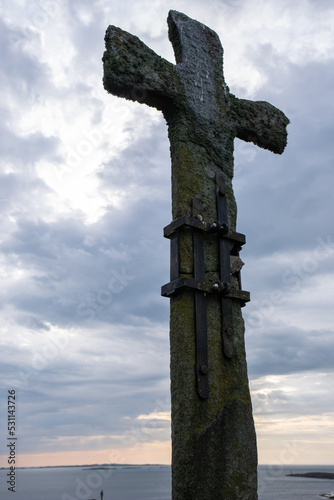 Haugesund, Norway - June 7, 2022:  Haraldshaugen is a national monument in Haugesund, Norway. Norway's unification into one kingdom under the rule of King Harald Fairhair. Cloudy day. Selective focus photo