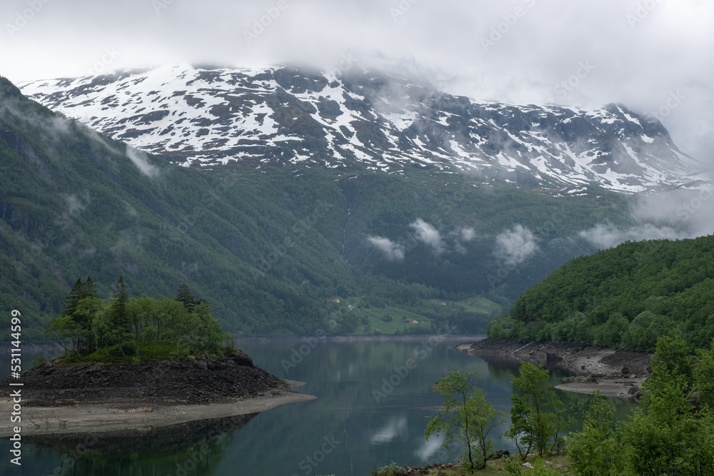 Wonderful landscapes in Norway. Vestland. Beautiful scenery of an island in the Roldalsvatnet lake. Snowed mountains and trees on rocks in background. Cloudy day. Selective focus