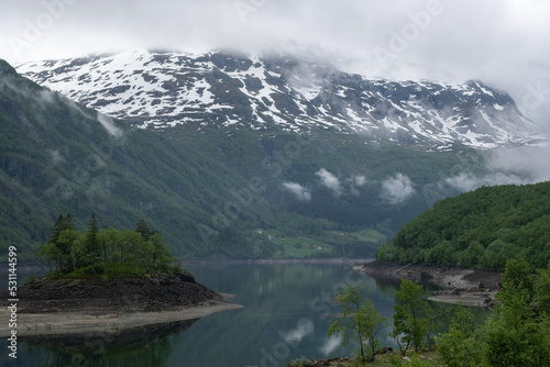 Wonderful landscapes in Norway. Vestland. Beautiful scenery of an island in the Roldalsvatnet lake. Snowed mountains and trees on rocks in background. Cloudy day. Selective focus