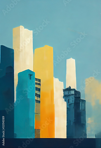 An acrylic style abstract cityscape painting in a portrait orientation 