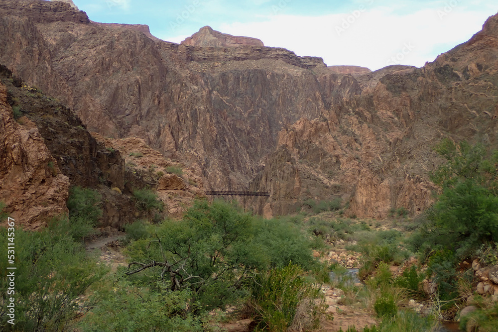 Phantom Ranch in Grand Canyon National Park with Black Suspension Bridge in background