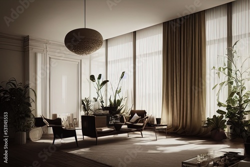 interior design 3d illustration clean bright room with plants
