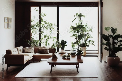 interior design 3d illustration clean bright room with plants