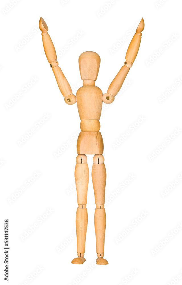 Wooden mannequin with hands up in the air Wooden mannequin with hands up in the air
