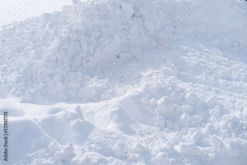 large snowdrifts on the side of the road, uncleared snow mountain, snowfall concept, problems of utilities in winter