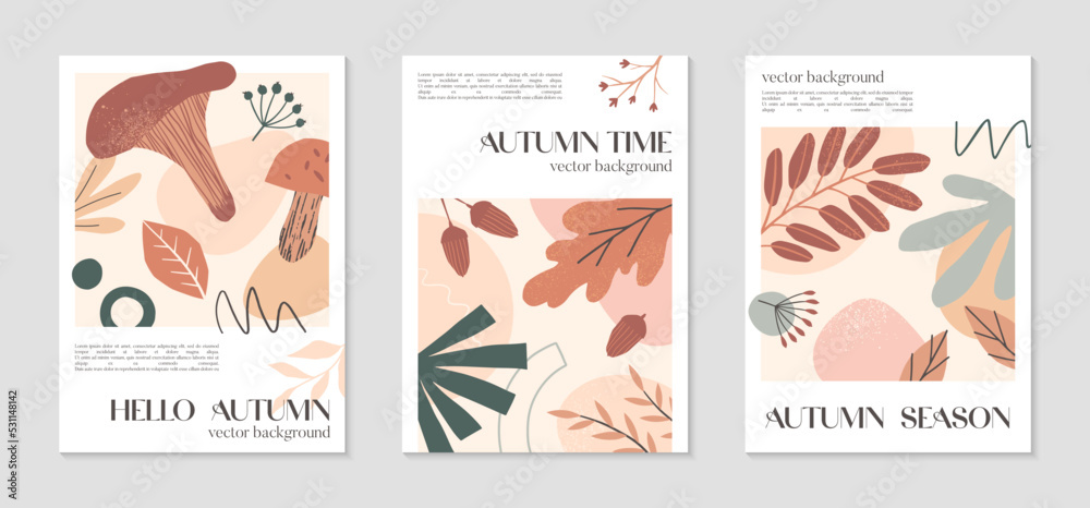 Set of autumn creative posters with organic various shapes,foliage,acorns,mushrooms and copy space for text.Modern seasonal designs.Universal artistic banners.Trendy fall vector illustrations.