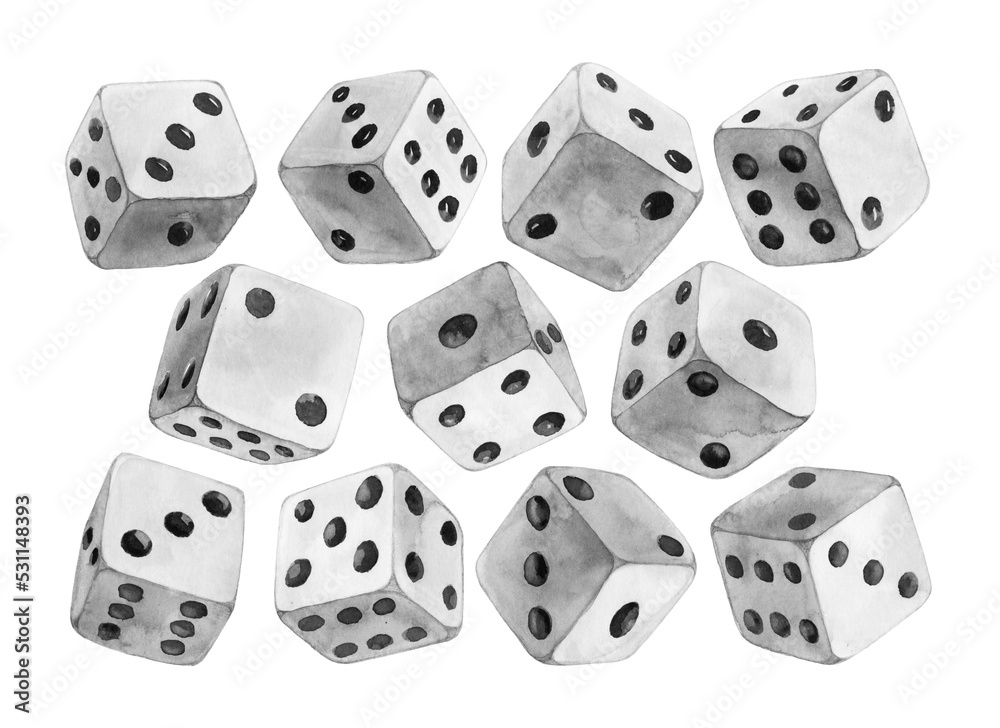 White watercolor dices with black dots set. Pipped dices with rounded corners. Die for casino craps, table or board games, luck and random choice symbol from different sides view White watercolor dices with black dots set. Pipped dices with rounded corners. Die for casino craps, table or board games, luck and random choice symbol from different sides view