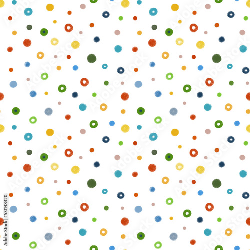Vintage festive pattern on a light green background. Multicolored circles, circles, bagels, hand drawn.
