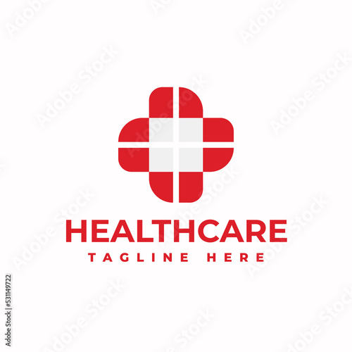 Modern Healthcare Medical Logo. White and Red Geometric Linear Rounded Cross Sign Health Icon Infinity Style isolated on Dark Background. Flat Vector Logo Design Template Element.