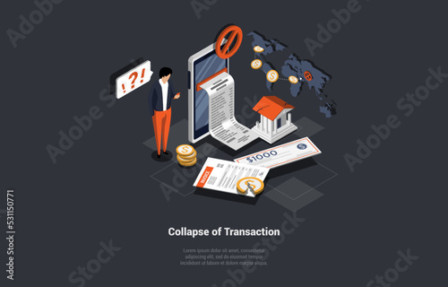 Concept Of Banking Transactions Collapse, Money Transfers And Payment for Goods and Services. People Making Payments Using Credit Cards And World Services. Isometric Cartoon 3d Vector Illustration