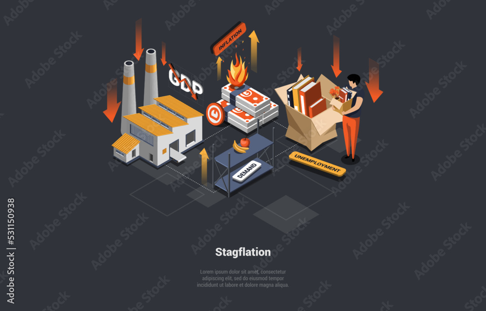 Concept Of Stagflation, Unemployment, Bankruptcy, Unpaid Loans and Mass Dismissal. Shocked Stressed Fired Character Suffering of Economy Crisis Aftermath. Isometric Cartoon 3D Vector illustration