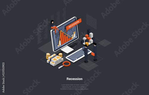 Concept Of Recession, Inflation, Bankruptcy. Decline in Manufacturing or Slowdown in Economic Growth, Mass Dismissal. Stressed People Trying To Safe Money. Isometric Cartoon 3D Vector illustration