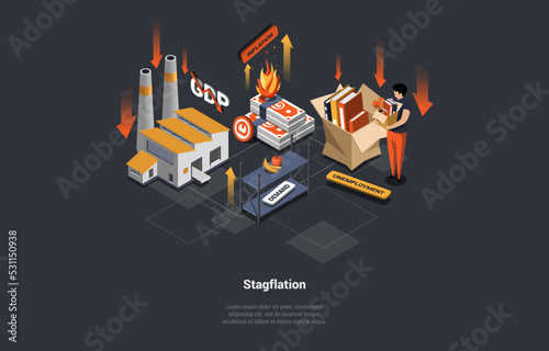 Concept Of Stagflation, Unemployment, Bankruptcy, Unpaid Loans and Mass Dismissal. Shocked Stressed Fired Character Suffering of Economy Crisis Aftermath. Isometric Cartoon 3D Vector illustration photo