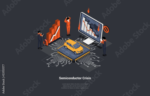 Concept Of Semiconductor Crisis, Economy Crisis, Microchips Deficit For Electric Cars. Electronic Circuit With Microcontroller Board and Electric Components. Isometric Cartoon 3D Vector illustration