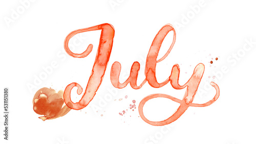 July month of the year in watercolor with splash letters and brush lettering. A beautiful lettering design of the word January to use in a calendar, journal, bullet point, annual report, or planner.