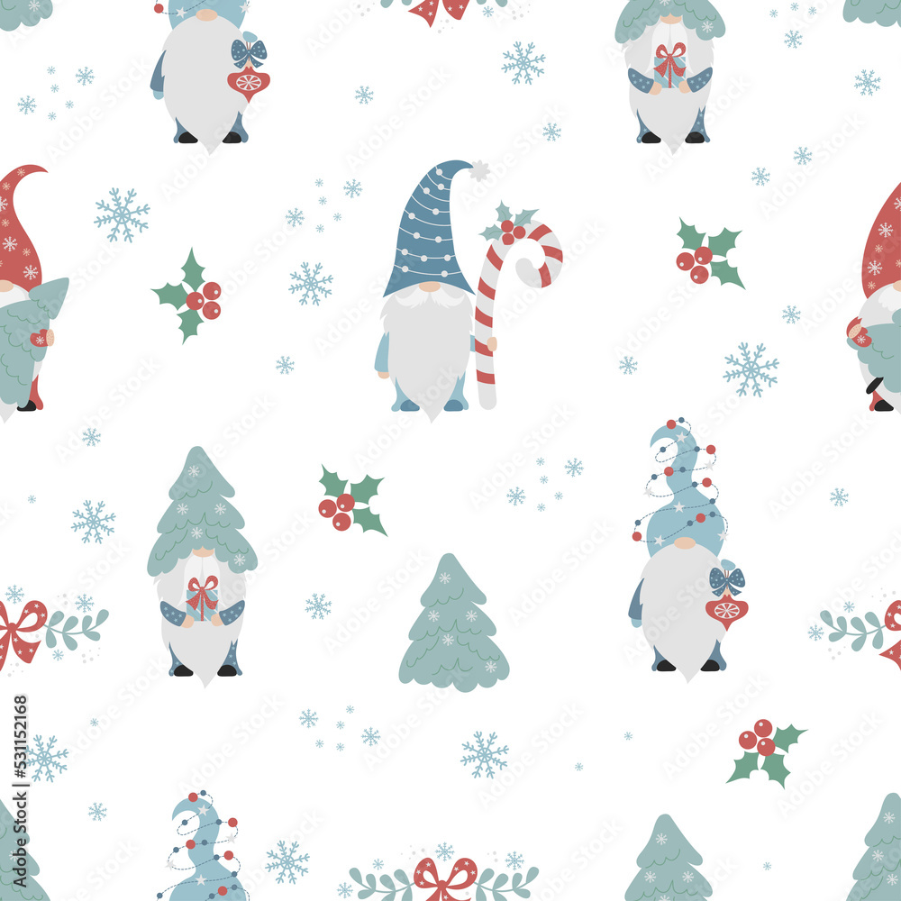 Seamless pattern with Christmas scandinavian gnomes with caramel stick and christmas tree on background with New Years mistletoe and snowflakes. illustration. cartoon cute style