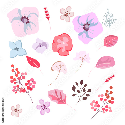 Fototapeta Naklejka Na Ścianę i Meble -  Flower collection of abstract vector images. Delicate flowers and leaves with decorative elements. Isolated design elements for the design of greeting wedding cards, wallpaper, patterns, print.