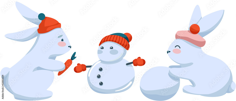 Fototapeta premium Cute Winter Characters to celebrate seasonal Holidays. Funny Bunnies make Snowman and attach carrot as a nose. Illustration isolated on transparent great for greeting cards, banners and posters.
