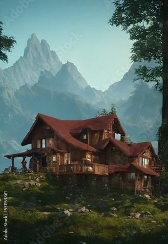Nice wooden house on the mountain, magnificent scenery. cute house illustration
