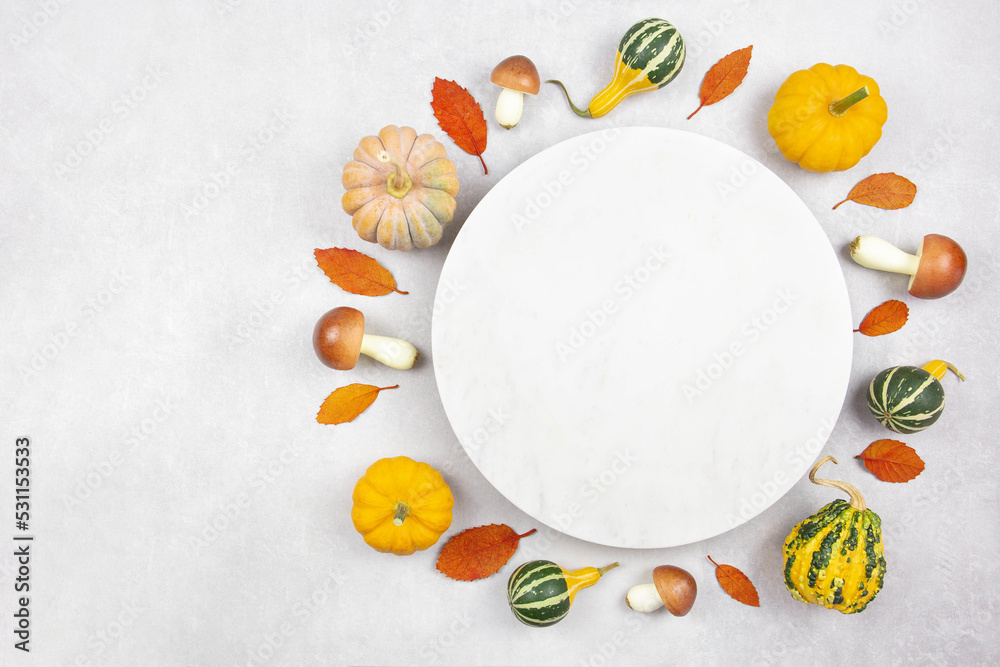 Fall round flat lay mockup with colorful pumpkins, mushrooms and fallen leaves on gray concrete background. Marble board with autumn decoration. Top view. Copy space. Fall round flat lay mockup with colorful pumpkins, mushrooms and fallen leaves on gray concrete background. Marble board with autumn decoration. Top view. Copy space.