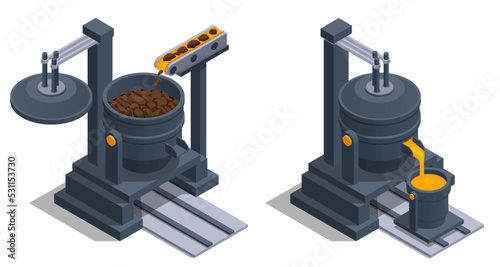 Isometric icons set with Blast furnace slag and pig iron tapping. Iron and steel Industry. Hot steel pouring in steel plant