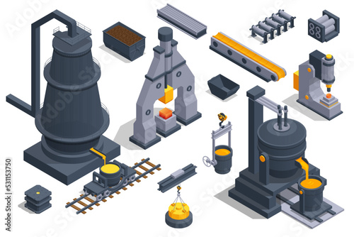 Isometric icons set with Blast furnace slag and pig iron tapping. Iron and steel Industry. Hot steel pouring in steel plant photo