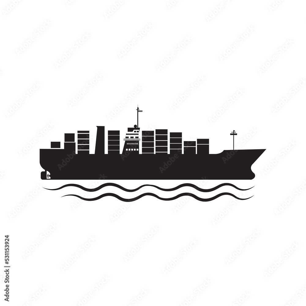Obraz premium Container loaded cargo ship icon | Black Vector illustration |