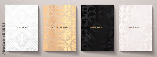 Luxury premium cover design set. Abstract background with gold, silver, black, white line pattern. Royal vector template for vertical menu, brochure, flyer layout, lux invite card